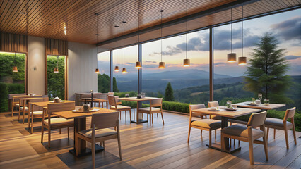 Fototapeta premium Minimalist restaurant with wooden table and armchairs overlooking nature at dusk, restaurant, minimalist, contemporary, wooden