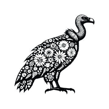 recommend clip art: Vulture bird made by simple flower drawing, black and white animal illustration