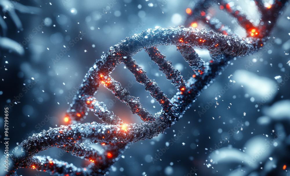 Poster a dna strand with a blue background and red and orange highlights. concept of complexity and mystery