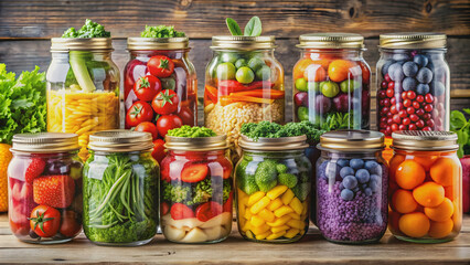 Colorful fruits and vegetables packed in jars, showcasing healthy meal prep and vibrant organic produce, healthy, meal prep