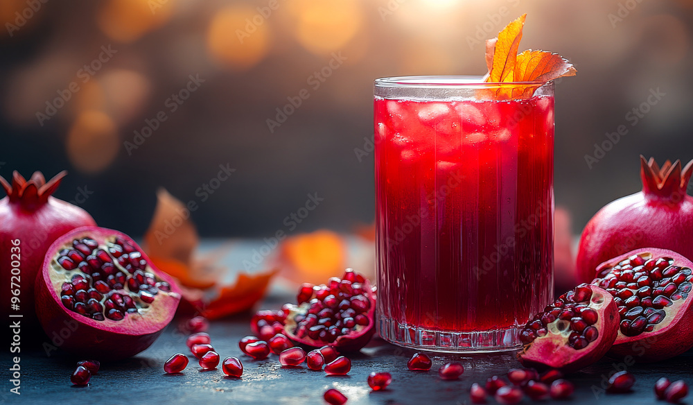 Poster a glass of red drink with a garnish of a leaf on top. there are also some pomegranates on the table