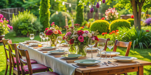 Obraz premium Beautiful table setting for a party in the garden, garden, party, outdoor, dining, table, setting, elegant, decoration