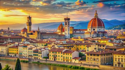Fototapeta premium Colorful illustrated poster showcasing the iconic landmarks and architecture of Florence, Italy, Florence, Italy