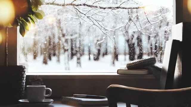 Snowy winter landscape and warm coffee outside a warm indoor window, Christmas background with a forest of trees covered with white snow
