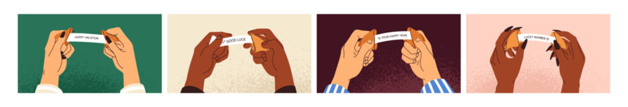 Hands opening fortune cookies set. Holding cracked chinese lucky biscuits with predictions, luck mesaages, happy phrases on paper. Sweet lottery, forecasting food, treat. Flat vector illustrations