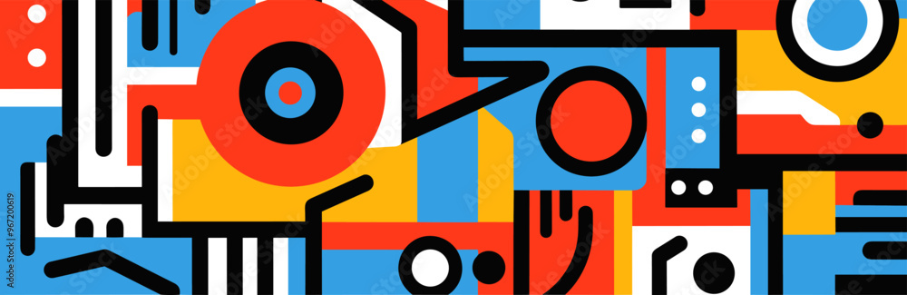Poster horizontal banner with naive doodle forms and colorful patterns in primitive style, perfect for mode