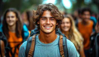 Fototapeta premium A young man with a backpack and a smile on his face. He is surrounded by other people, some of whom are also smiling. Concept of camaraderie and happiness among the group