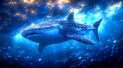 Naklejka premium A blue and white shark is swimming in the ocean. The water is clear and the sky is blue
