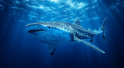 A blue whale is swimming in the ocean. The water is clear and the sunlight is shining on the whale
