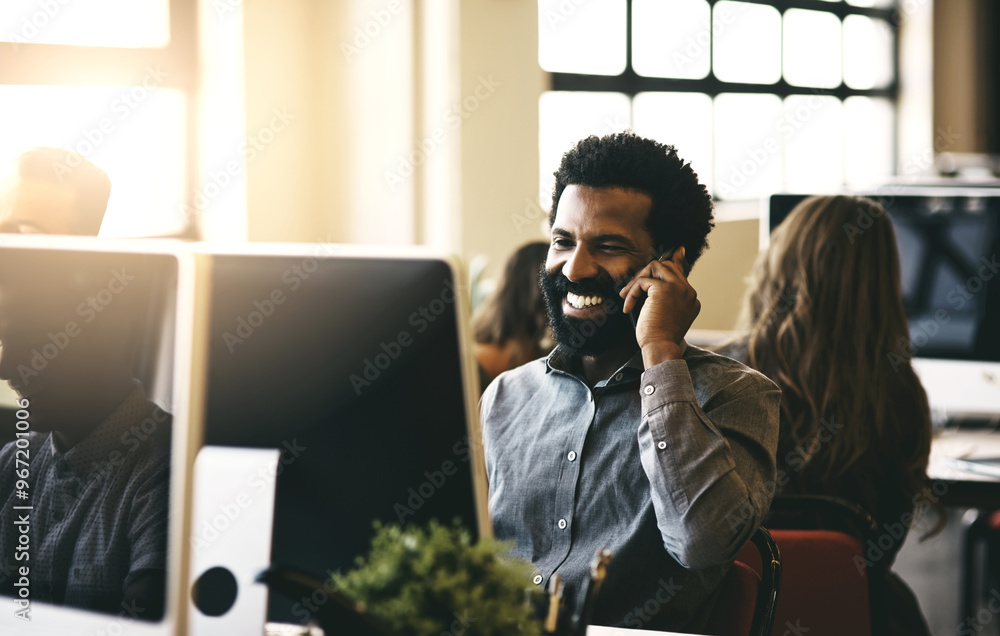 Poster Phone call, business and black man with pc, talking and connection with network, talking and conversation. Person, employee and consultant with cellphone, mobile user and communication with chatting