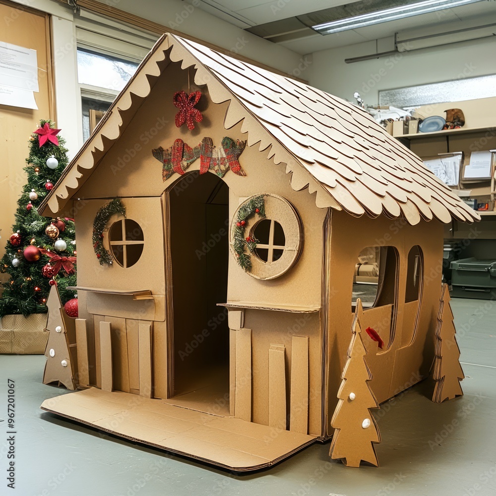 Wall mural Cardboard Christmas playhouse with a red bow, wreath, and window decorations.