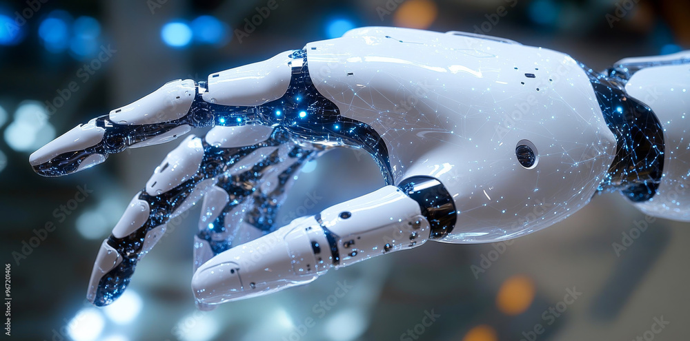 Poster a robot hand with a white glove is shown in a blurry image. the robot hand is surrounded by a glowin