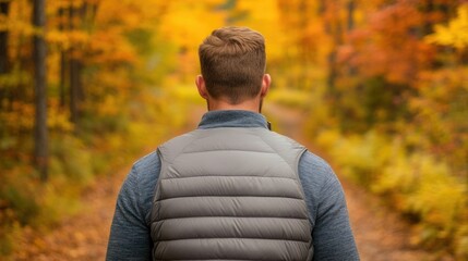 A man wearing a henley shirt and puffer vest walks along a wooded trail immersed in the tranquility of the autumn landscape during an adventurous outdoor expedition