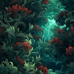 Seamless underwater pattern inspired by deep sea coral reefs, vibrant glowing coral formations, swirling currents and sea creatures 