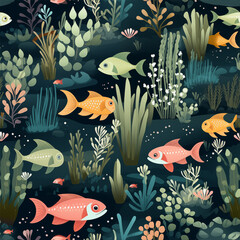 Seamless underwater pattern inspired by deep sea coral reefs, vibrant glowing coral formations, swirling currents and sea creatures 