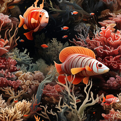 Seamless underwater pattern inspired by deep sea coral reefs, vibrant glowing coral formations, swirling currents and sea creatures 