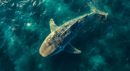 Fototapeta premium A large shark is swimming in the ocean. The water is blue and the shark is surrounded by a lot of water