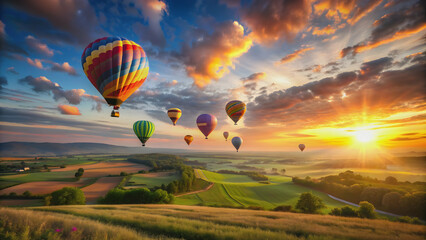 Obraz premium Beautiful landscape with hot air balloons flying over the sky at sunset, sunset, hot air balloons, landscape, flying, sky