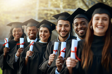Portrait, woman and students with diploma for graduation celebration, education achievement and...