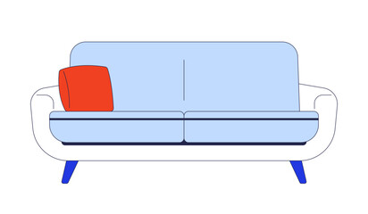 Contemporary sofa with red cushion 2D cartoon object. Interior design throw pillow couch isolated element flat vector clipart on white background. Livingroom furniture seating. Spot illustration
