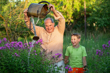 A man waters flowers with a watering can while his grandson watches and laughs. The scene is peaceful and serene, the two men enjoying the simple pleasure of tending to a garden.