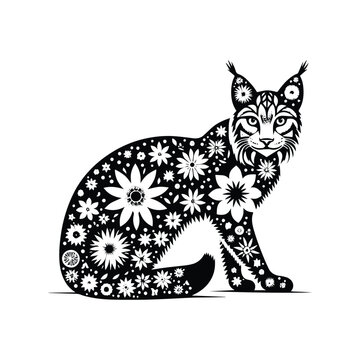 recommend clip art: lynx cat made by simple flower drawing, black and white animal illustration