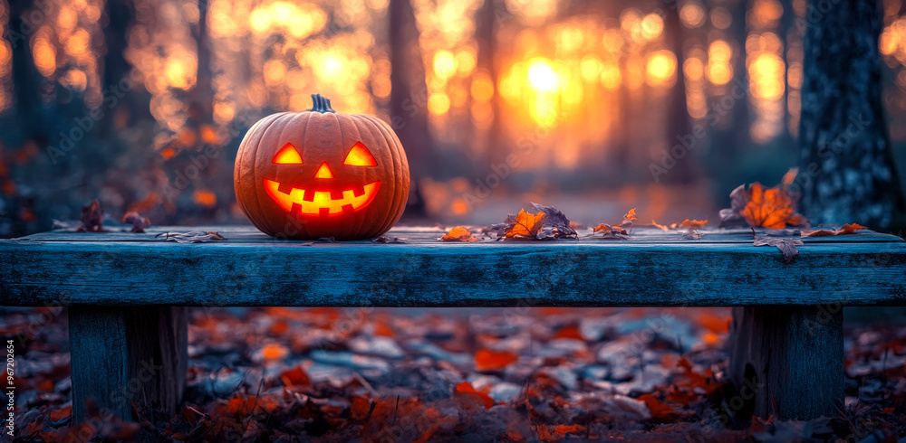 Poster a pumpkin with a smiley face on it sits on a bench in a forest. the pumpkin is lit up, creating a wa