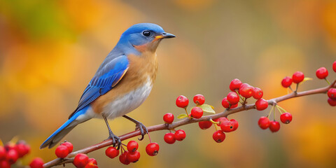 Bluebird perched on a branch with red berries in a nature setting, capturing the beauty of wildlife in autumn , bluebird