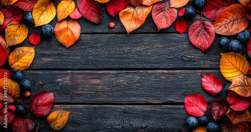 Poster a wooden frame with red leaves and blueberries. the frame is empty and the leaves and berries are sc