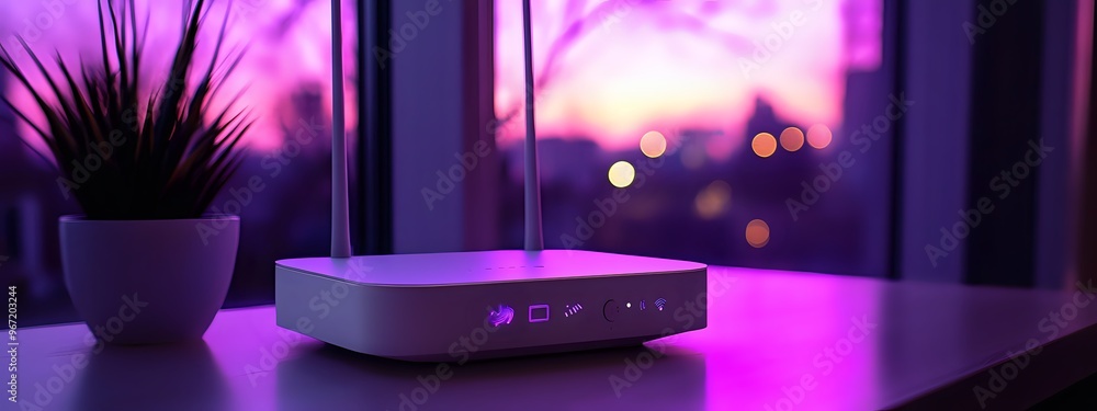 Poster a white wifi router with antennas is positioned on a white surface. the background is a window with 