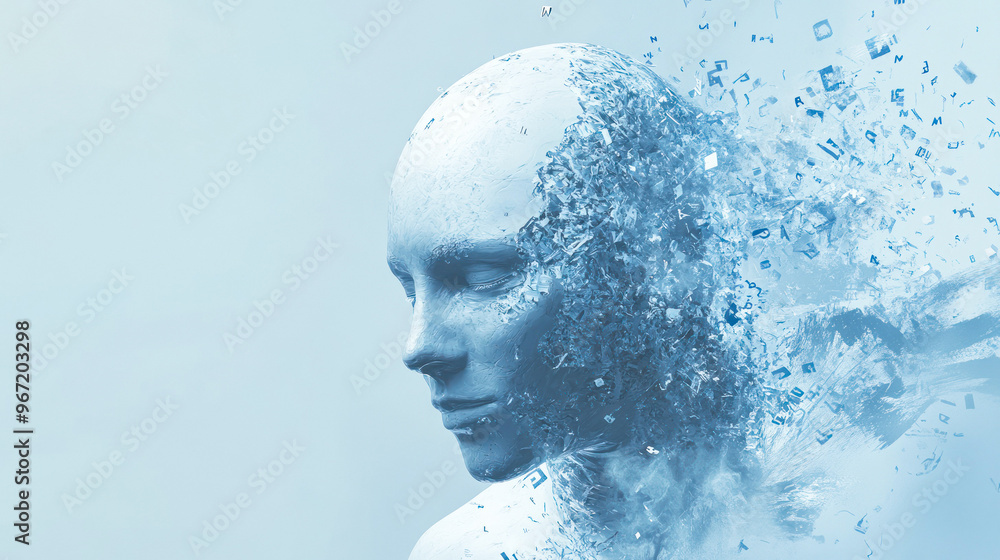 Poster disintegrating blue abstract head with data particles