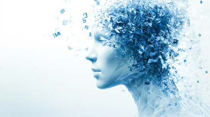 Blue abstract digital head with pixel-like fragments