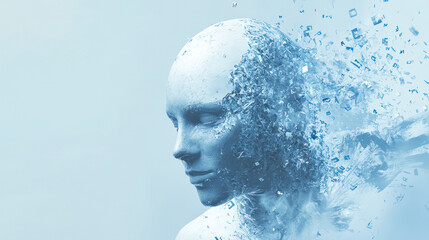 Disintegrating blue abstract head with data particles