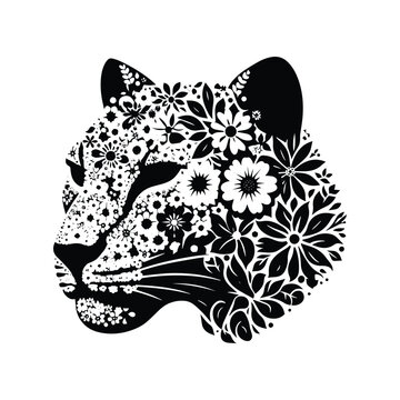 recommend clip art: Panther made by simple flower drawing, black and white animal illustration