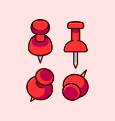 Set of Four Colorful Red Push Pins Illustrated in a Cartoon Illustration Style on a Soft Pink Background for Office and Craft Use