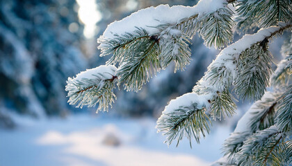 Close up Christmas fir tree branch in snow, nature details, seasonal landscape. Winter forest