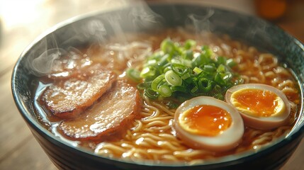 Steaming bowl of tonkotsu ramen with pork slices soft boiled egg and green onions