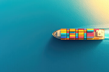 Fototapeta premium Aerial view of a cargo ship sailing through calm blue waters, carrying colorful shipping containers. The image highlights global trade, logistics, and maritime transport. 