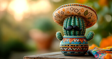 A small cactus with a mustache and a sombrero is sitting on a table. The cactus is surrounded by a colorful blanket and a potted plant. The scene has a playful and whimsical mood