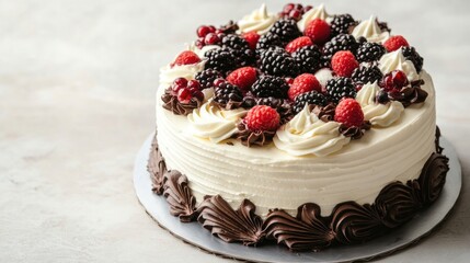 A white cake with chocolate frosting and fresh raspberries and blackberries on top, isolated on a white background.