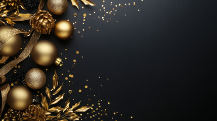 Elegant gold and black holiday decorations with ornaments, ribbons, and glitter on a dark background for festive celebrations
