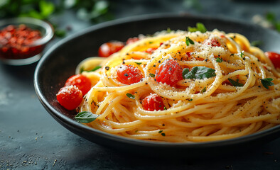 A plate of pasta with red tomatoes and cheese. The pasta is long and thin, and the sauce is rich and flavorful. The dish is served in a black bowl, which contrasts with the bright colors of the pasta