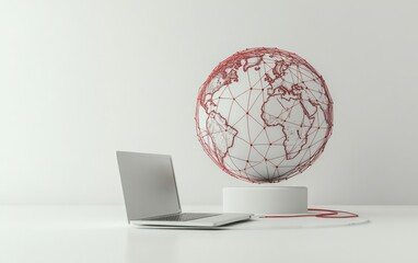 Red wireframe globe on laptop: global connection theme