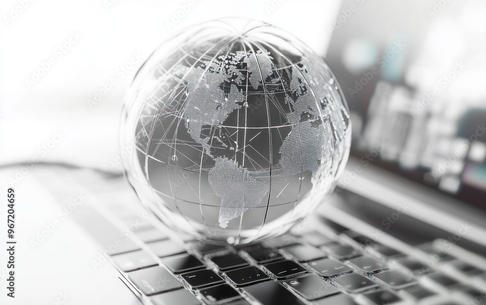 Poster globular map on laptop keyboard with blurred background
