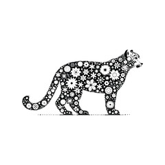 Fototapeta premium Snow leopard made by simple flower drawing, black and white animal illustration