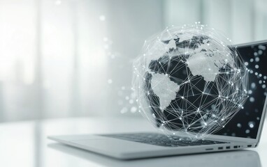 Mesh network globe floating above an open laptop