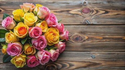 Beautiful pink and yellow roses on wooden background with copy space , roses, flowers, pink, yellow, wood, background
