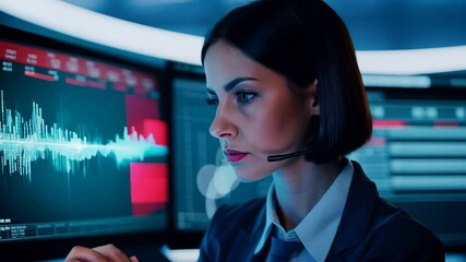 A tech specialist focuses intently on data visualizations and audio signals inside a modern control center, showcasing advanced analytics