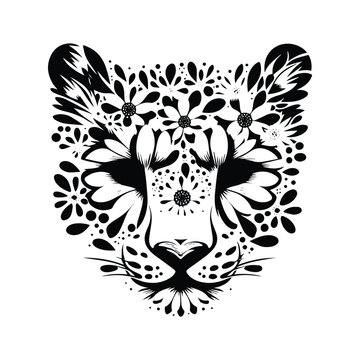 recommend clip art: Snow leopard made by simple flower drawing, black and white animal illustration