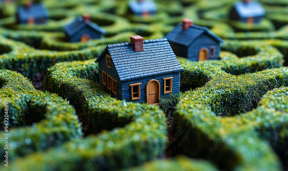 Poster a maze with a house in the middle. the house is surrounded by hedges and is the only visible object 